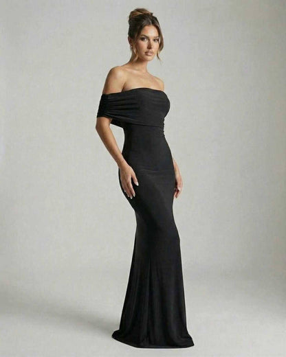 Lips Maxi Dress by RAMBLION, elegant off-shoulder, ruched detailing, perfect for evening wear, black satin floor-length design.
