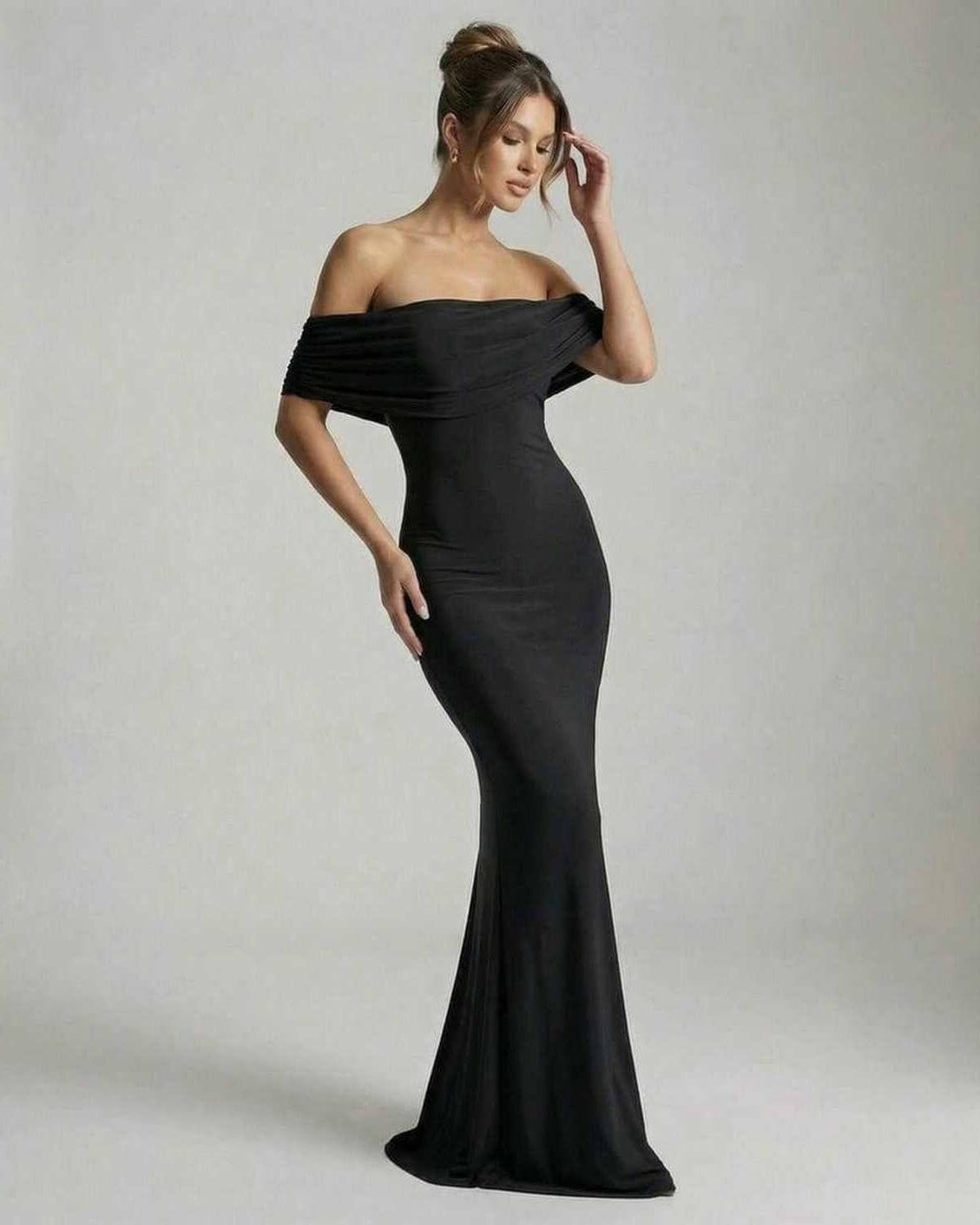 Lips Maxi Dress in black satin, off-shoulder, elegant fit for evening events by RAMBLION.