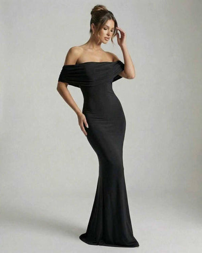 Lips Maxi Dress in black satin, off-shoulder, elegant fit for evening events by RAMBLION.
