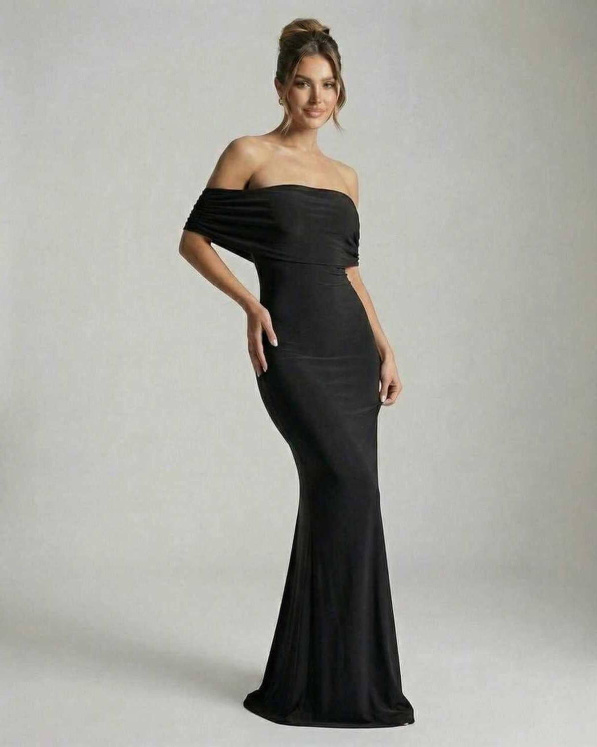 Lips Maxi Dress featuring off-shoulder style, ruched detailing, elegant black satin, perfect for evening occasions by RAMBLION.
