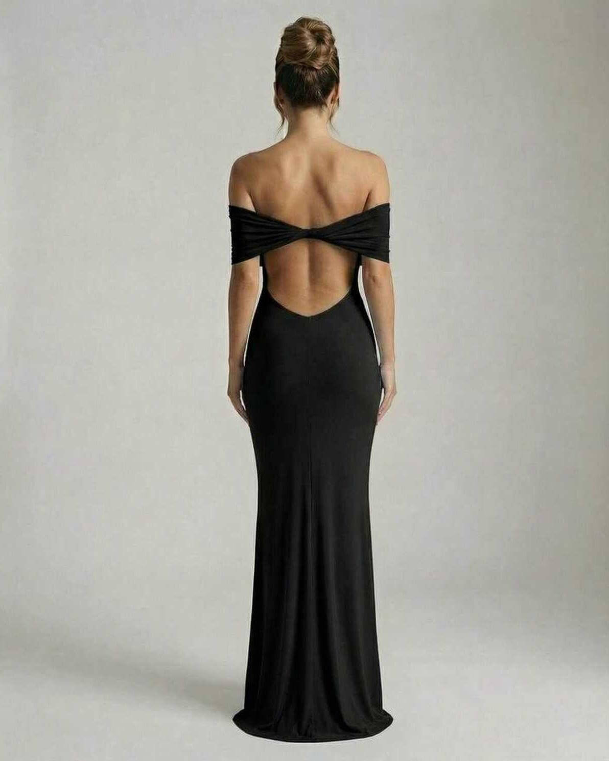 Lips Maxi Dress in black, off-shoulder style, featuring ruched detailing and a stunning back design by RAMBLION.
