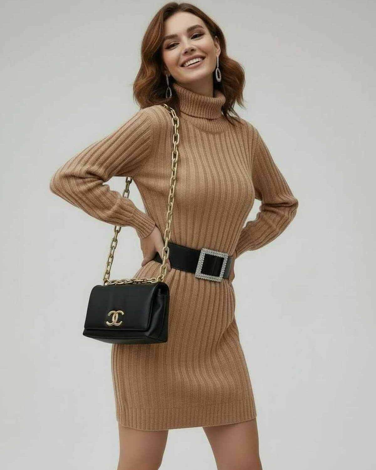 Lira Mini Dress by RAMBLION, chic beige ribbed knit, round neck, perfect for any occasion.
