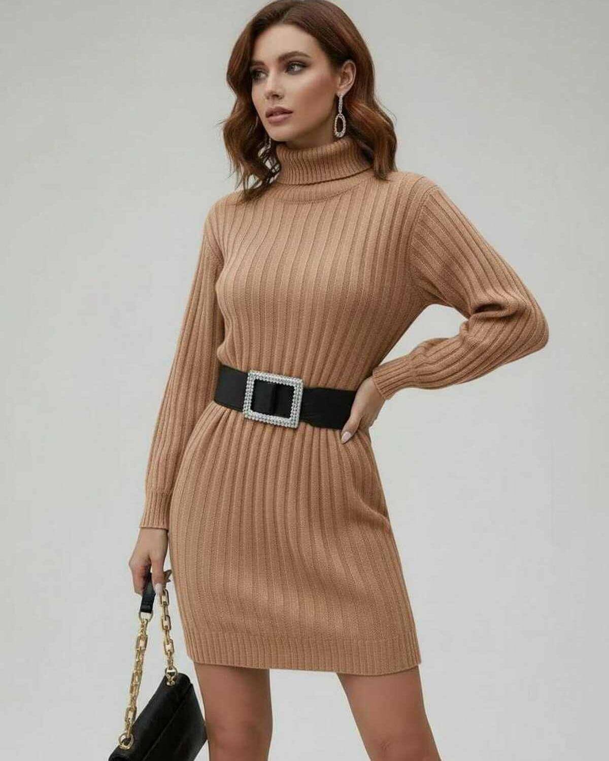Lira Mini Dress in beige with structured turtleneck, ribbed knit, and stylish belt from RAMBLION, perfect for chic occasions.