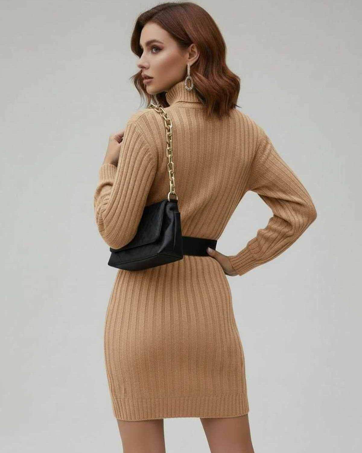 Lira Mini Dress in beige, ribbed knit fabric, structured turtleneck, perfect for stylish occasions, by RAMBLION.