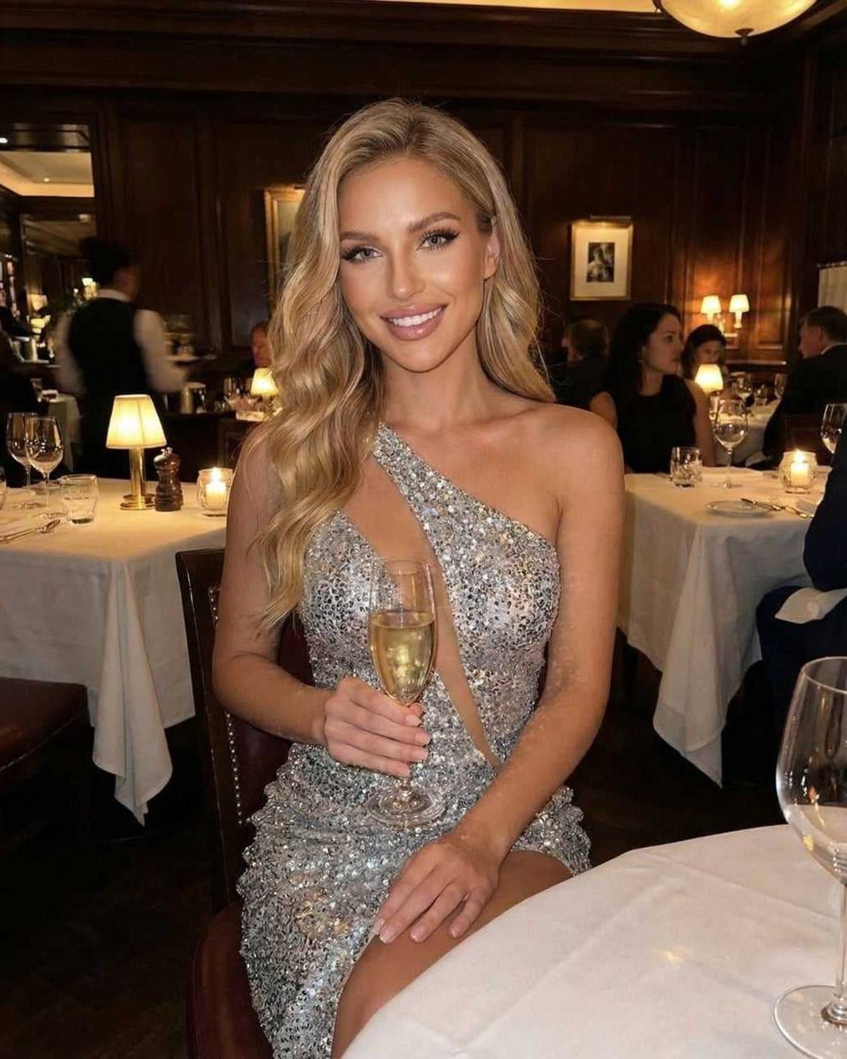 Liri Mini Dress elegantly worn at dinner, featuring sequins, an asymmetric neckline, perfect for evening occasions by RAMBLION.