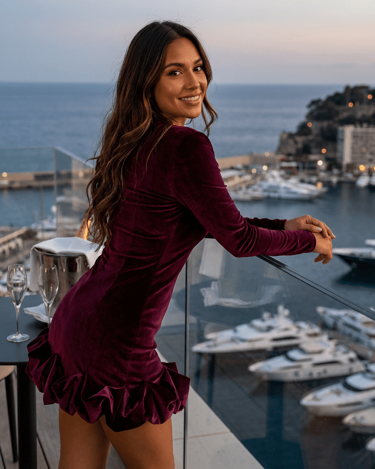 Liru Mini Dress in red velvet, featuring long sleeves and pleated hem, perfect for elegant occasions, by RAMBLION.