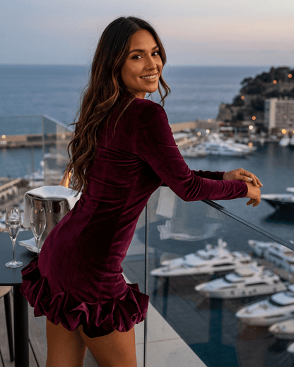 Liru Mini Dress in red velvet, featuring long sleeves and pleated hem, perfect for elegant occasions, by RAMBLION.