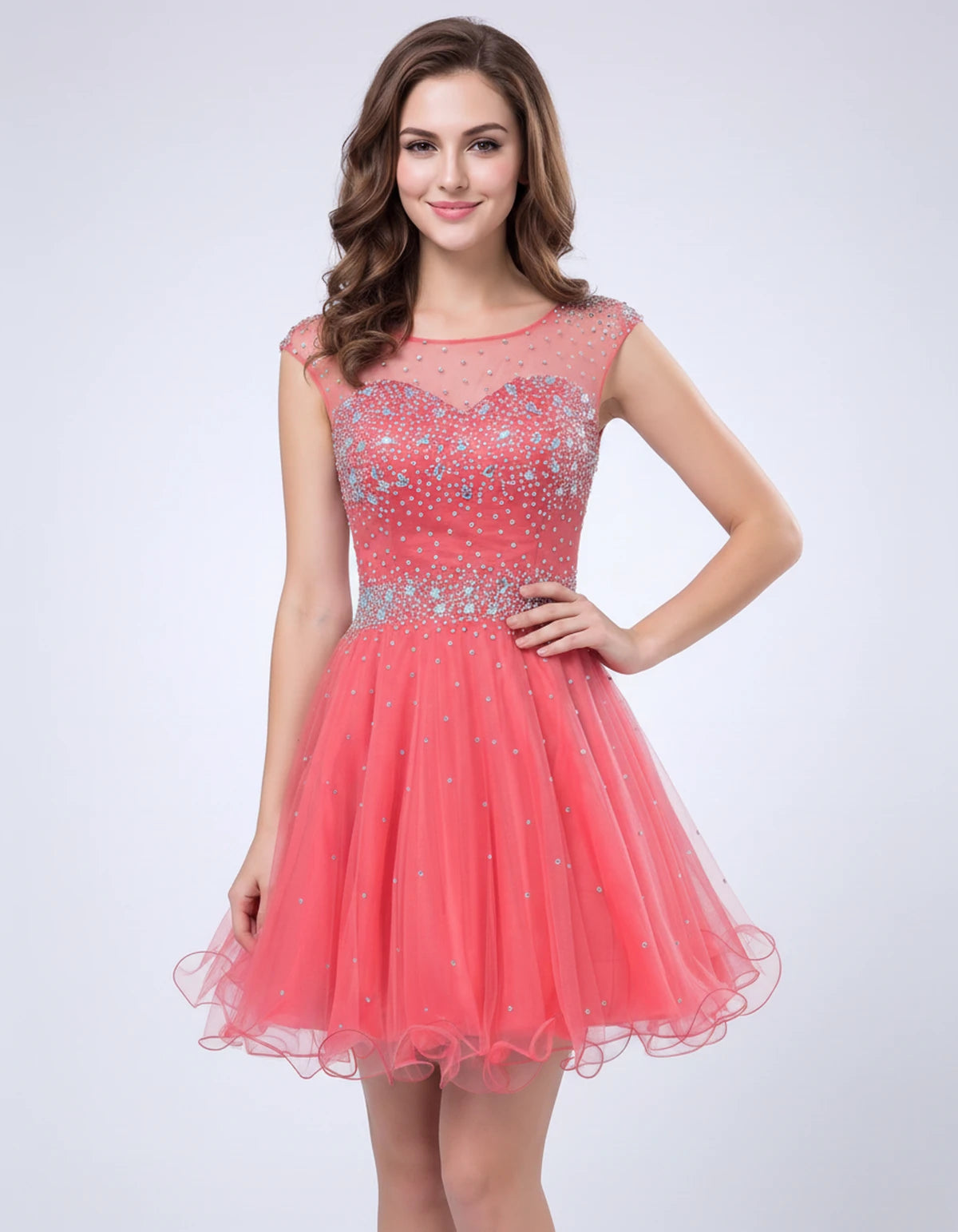 Lisbonne Mini Dress — Watermelon | SKU: RB-ebca36-watermef-2,RB-ebca36-watermef-4,RB-ebca36-watermef-6,RB-ebca36-watermef-8,RB-ebca36-watermef-10,RB-ebca36-watermef-12,RB-ebca36-watermef-14,RB-ebca36-watermef-14W,RB-ebca36-watermef-16,RB-ebca36-watermef-16W,RB-ebca36-watermef-18W,RB-ebca36-watermef-20W