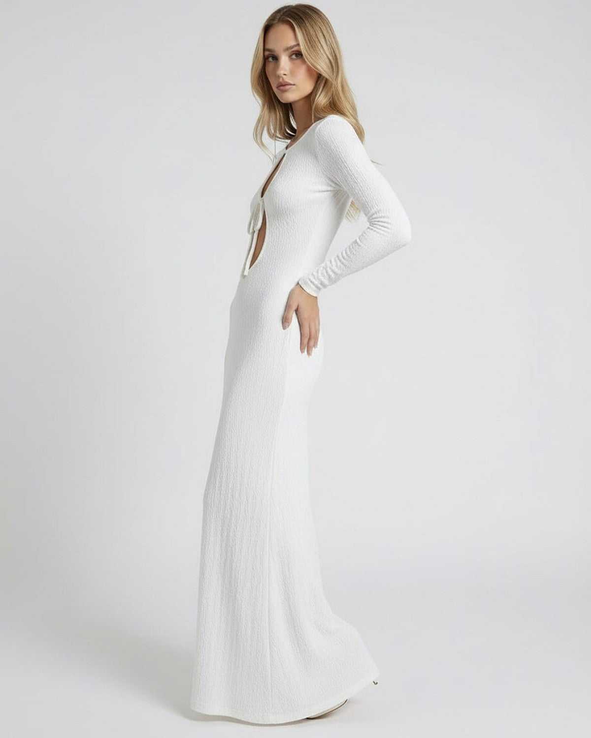 White Cotton Bodycon Round Neck Long Sleeve Maxi Dress | Evening Events, Everyday Wear & Brunch, side view | Ramblion | SKU: SMD-712849635-white-L-4180,SMD-712849635-white-M-4683,SMD-712849635-white-S-9404,SMD-712849635-white-XL-7162,SMD-712849635-white-XS-1572