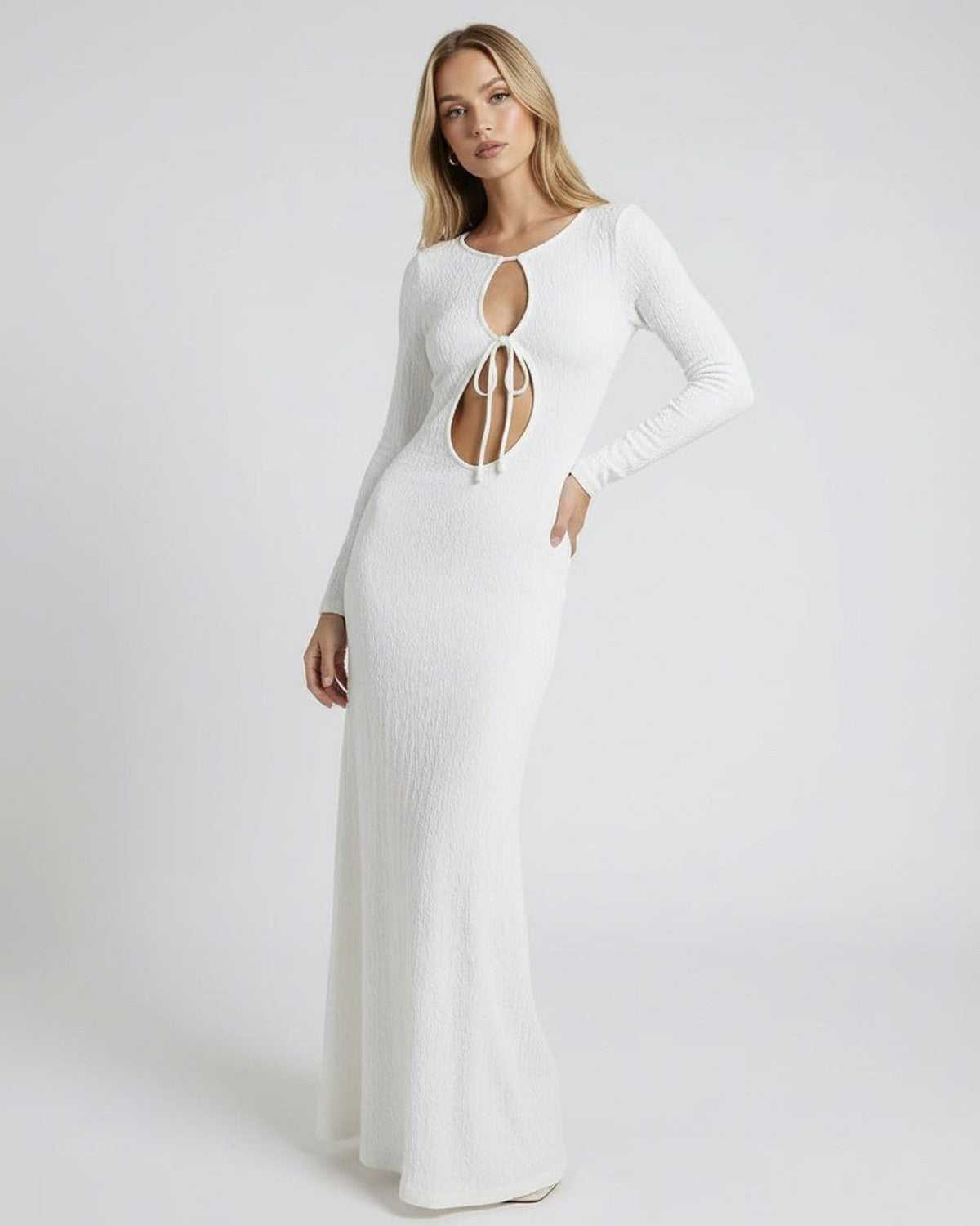 White Cotton Bodycon Round Neck Long Sleeve Maxi Dress | Evening Events, Everyday Wear & Brunch, front view | Ramblion | SKU: SMD-712849635-white-L-4180,SMD-712849635-white-M-4683,SMD-712849635-white-S-9404,SMD-712849635-white-XL-7162,SMD-712849635-white-XS-1572
