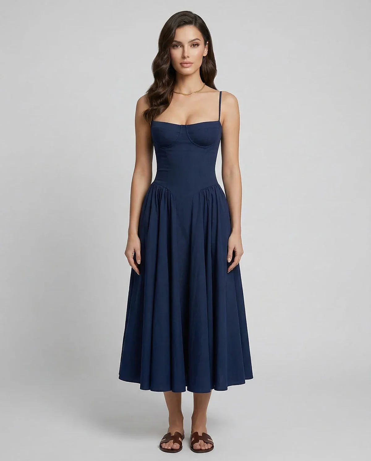 Navy Slip Round Neck Sleeveless Midi Dress | Evening Events, Cocktail Parties, Day-to-Night & Casual Outings, front view | Ra | SKU: VMD-192837465-navy-L-6129,VMD-192837465-navy-M-2432,VMD-192837465-navy-S-1368,VMD-192837465-navy-XL-4701,VMD-192837465-navy-XS-3714