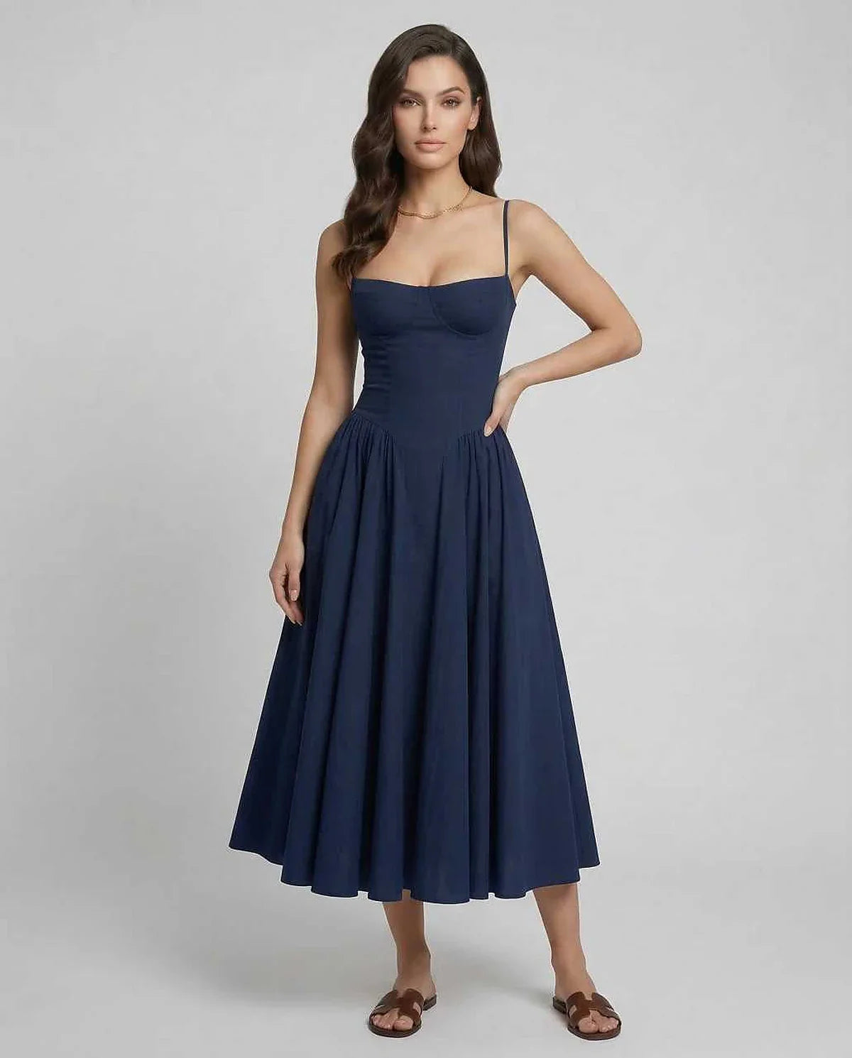 Navy Slip Round Neck Sleeveless Midi Dress | Evening Events, Cocktail Parties, Day-to-Night & Casual Outings, front view | Ra | SKU: VMD-192837465-navy-L-6129,VMD-192837465-navy-M-2432,VMD-192837465-navy-S-1368,VMD-192837465-navy-XL-4701,VMD-192837465-navy-XS-3714