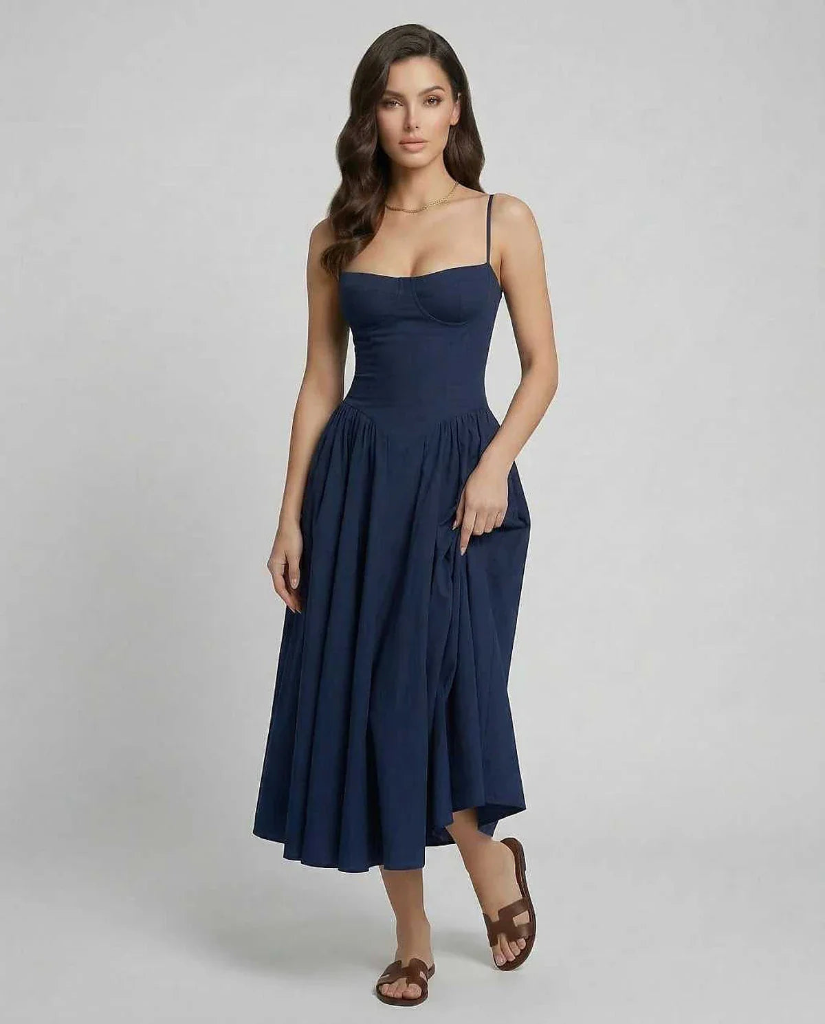 Navy Slip Round Neck Sleeveless Midi Dress | Evening Events, Cocktail Parties, Day-to-Night & Casual Outings, front view | Ra | SKU: VMD-192837465-navy-L-6129,VMD-192837465-navy-M-2432,VMD-192837465-navy-S-1368,VMD-192837465-navy-XL-4701,VMD-192837465-navy-XS-3714