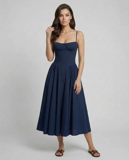 Navy Slip Round Neck Sleeveless Midi Dress | Evening Events, Cocktail Parties, Day-to-Night & Casual Outings, front view | Ra | SKU: VMD-192837465-navy-L-6129,VMD-192837465-navy-M-2432,VMD-192837465-navy-S-1368,VMD-192837465-navy-XL-4701,VMD-192837465-navy-XS-3714