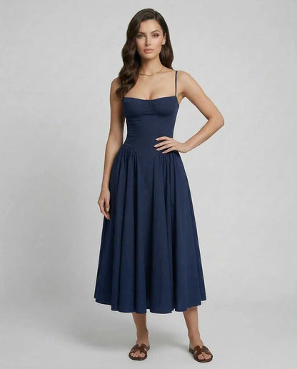 Navy Slip Round Neck Sleeveless Midi Dress | Evening Events, Cocktail Parties, Day-to-Night & Casual Outings, front view | Ra | SKU: VMD-192837465-navy-L-6129,VMD-192837465-navy-M-2432,VMD-192837465-navy-S-1368,VMD-192837465-navy-XL-4701,VMD-192837465-navy-XS-3714