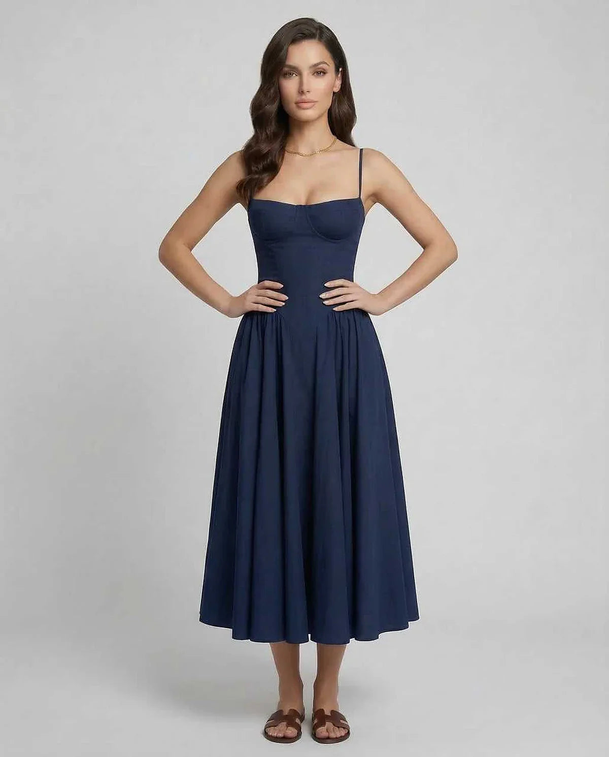 Navy Slip Round Neck Sleeveless Midi Dress | Evening Events, Cocktail Parties, Day-to-Night & Casual Outings, front view | Ra | SKU: VMD-192837465-navy-L-6129,VMD-192837465-navy-M-2432,VMD-192837465-navy-S-1368,VMD-192837465-navy-XL-4701,VMD-192837465-navy-XS-3714