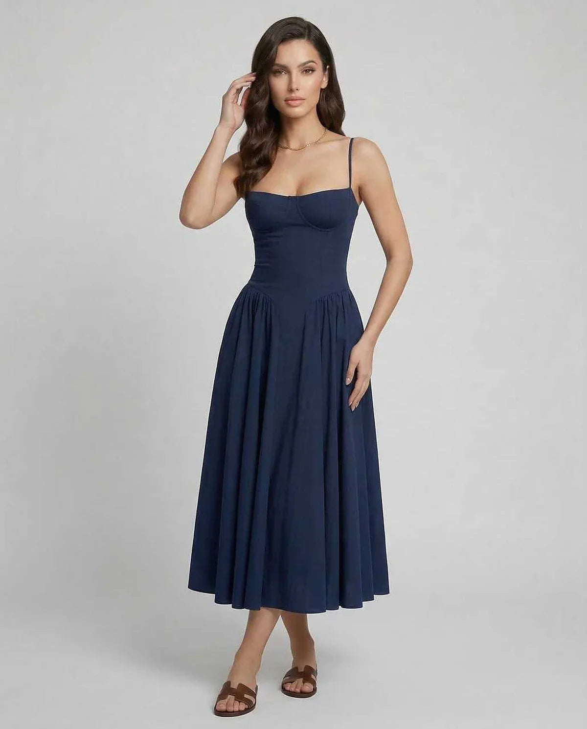 Navy Slip Round Neck Sleeveless Midi Dress | Evening Events, Cocktail Parties, Day-to-Night & Casual Outings, front view | Ra | SKU: VMD-192837465-navy-L-6129,VMD-192837465-navy-M-2432,VMD-192837465-navy-S-1368,VMD-192837465-navy-XL-4701,VMD-192837465-navy-XS-3714