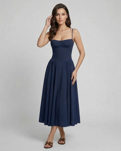 Navy Slip Round Neck Sleeveless Midi Dress | Evening Events, Cocktail Parties, Day-to-Night & Casual Outings, front view | Ra | SKU: VMD-192837465-navy-L-6129,VMD-192837465-navy-M-2432,VMD-192837465-navy-S-1368,VMD-192837465-navy-XL-4701,VMD-192837465-navy-XS-3714