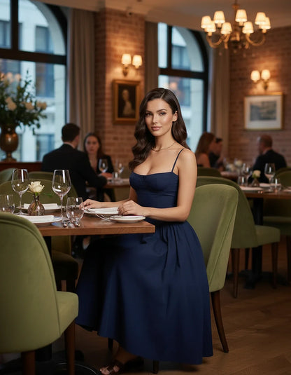 Navy Slip Round Neck Sleeveless Midi Dress | Evening Events, Cocktail Parties, Day-to-Night & Casual Outings, lifestyle shot | SKU: VMD-192837465-navy-L-6129,VMD-192837465-navy-M-2432,VMD-192837465-navy-S-1368,VMD-192837465-navy-XL-4701,VMD-192837465-navy-XS-3714
