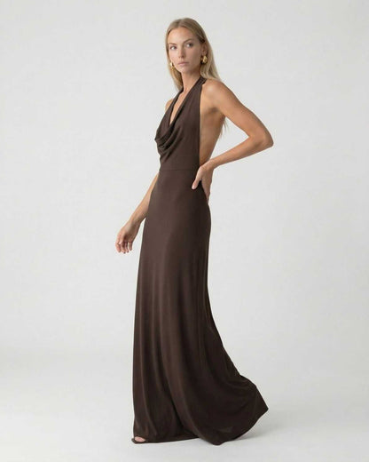Lixa Maxi Dress by RAMBLION, elegant brown halter dress with a sleek silhouette, perfect for special occasions.