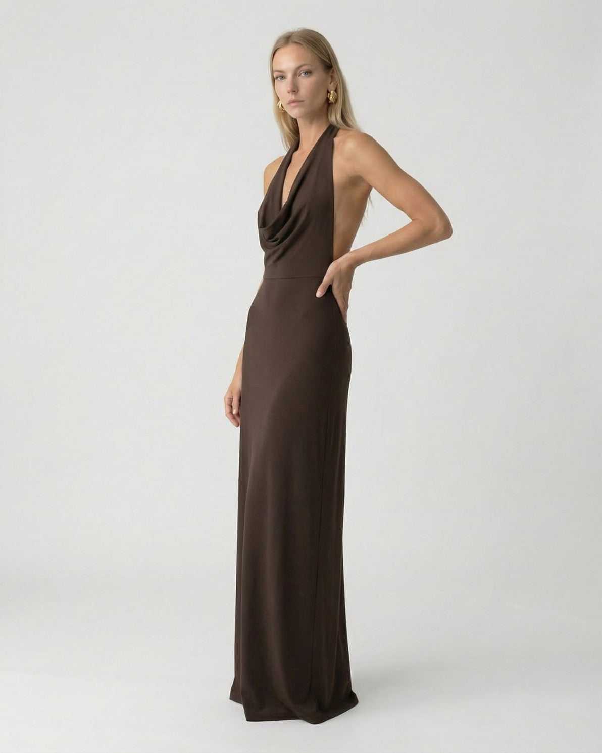 Lixa Maxi Dress in brown satin, halter design, perfect for elegant occasions, by RAMBLION.
