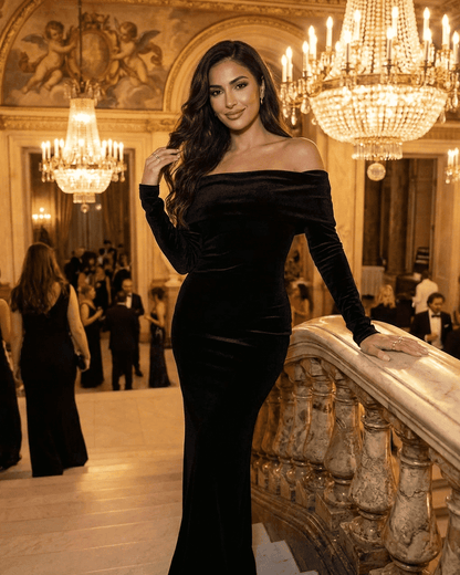 Loa Maxi Dress by RAMBLION, black ankle-length cotton dress with off-shoulder neckline, perfect for elegant occasions.