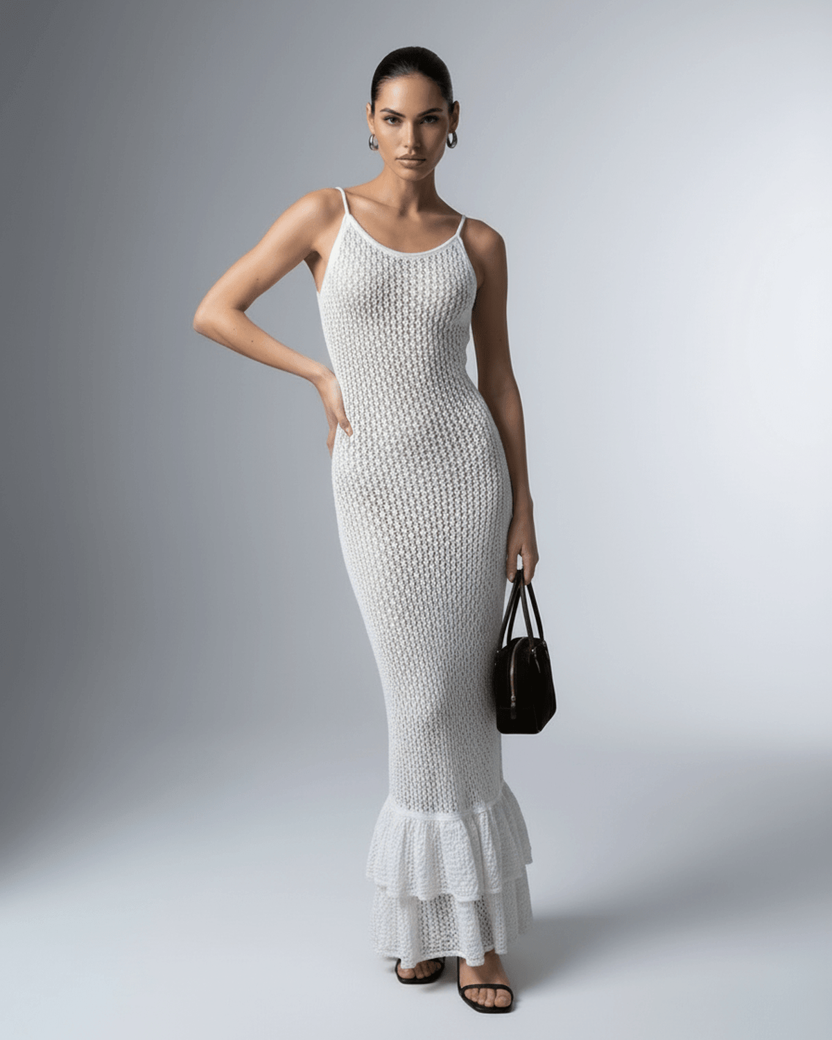 Loba Maxi Dress featuring hollow knit texture, perfect for summer outings, by RAMBLION.