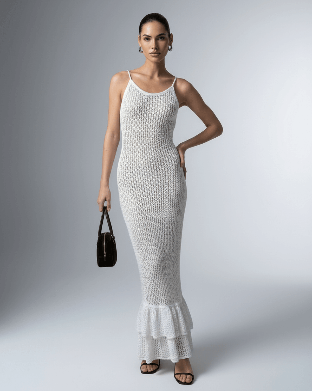 Loba Maxi Dress in white, cotton blend, elegant hollow out knit, perfect for summer outings, by RAMBLION.