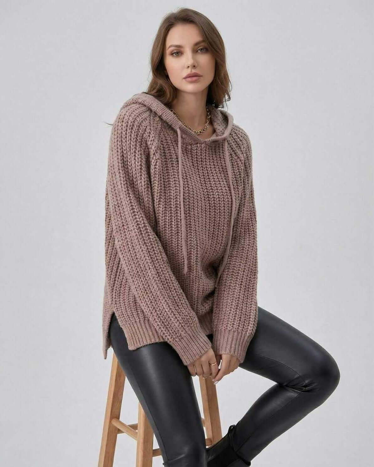 Loba Sweater by RAMBLION, cozy oversized brown knit with hood, perfect for fall and winter styling.