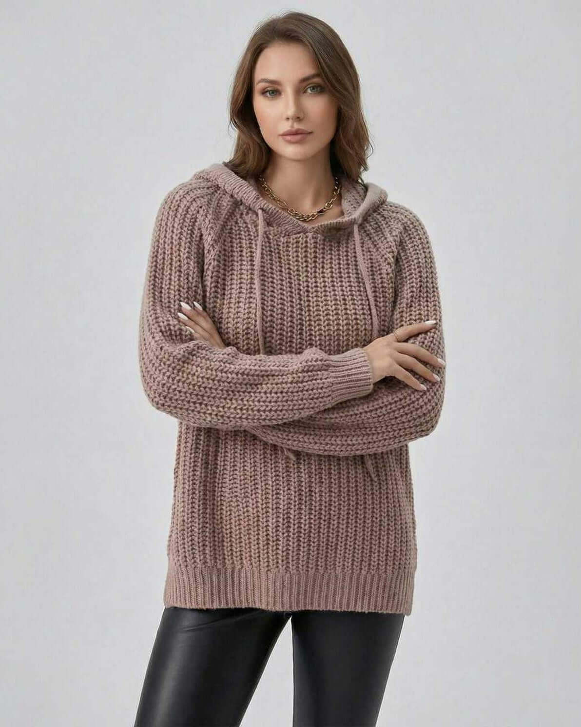 Loba Sweater by RAMBLION, cozy brown oversized chunky knit for fall, stylish with a hood, comfortable for winter wear.