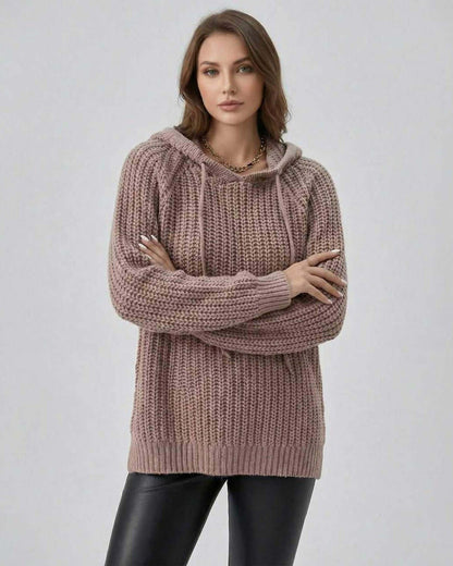 Loba Sweater by RAMBLION, cozy brown oversized chunky knit for fall, stylish with a hood, comfortable for winter wear.