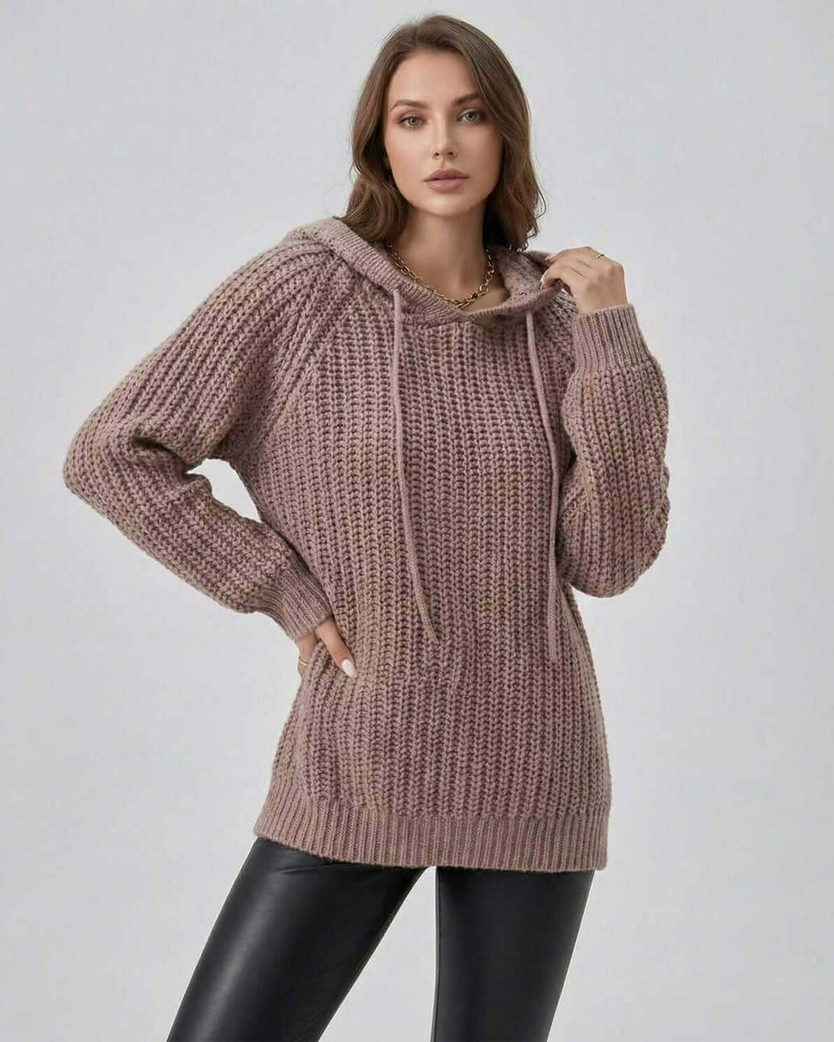 Loba Sweater by RAMBLION, cozy oversized brown hoodie with textured chunky knit, perfect for fall and winter wear.