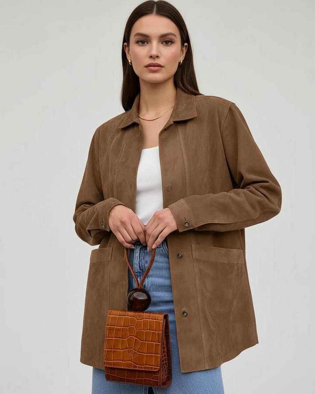 Lola Jacket by RAMBLION, brown oversized with a luxurious feel, perfect for all-season layering and casual occasions.