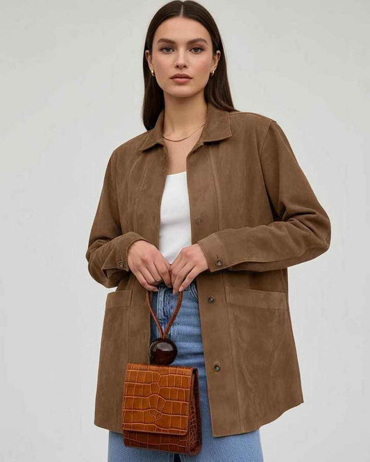 Lola Jacket by RAMBLION, brown oversized with a luxurious feel, perfect for all-season layering and casual occasions.