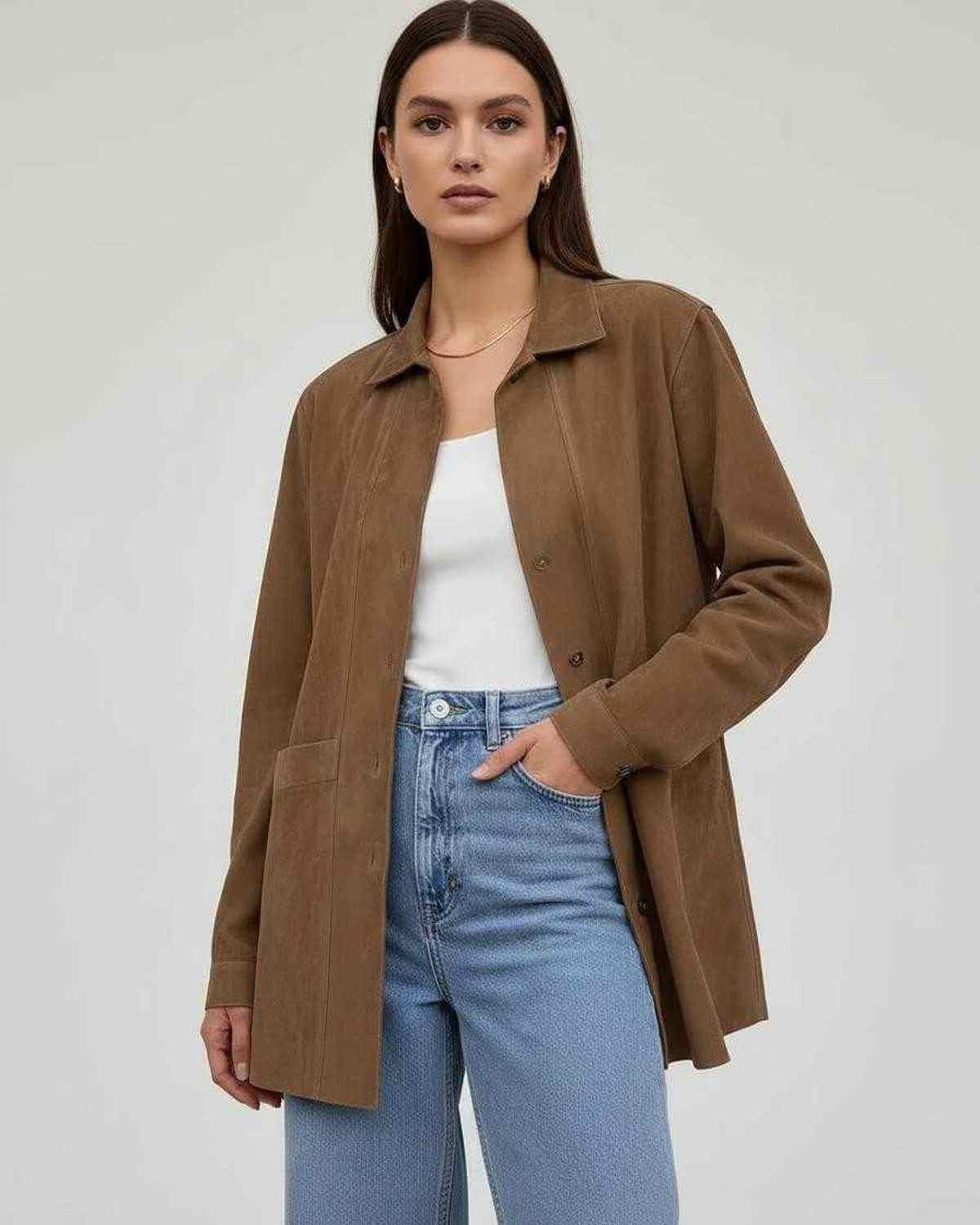 Lola Jacket by RAMBLION, brown oversized style, soft polyester fabric, perfect for casual all-season layering.