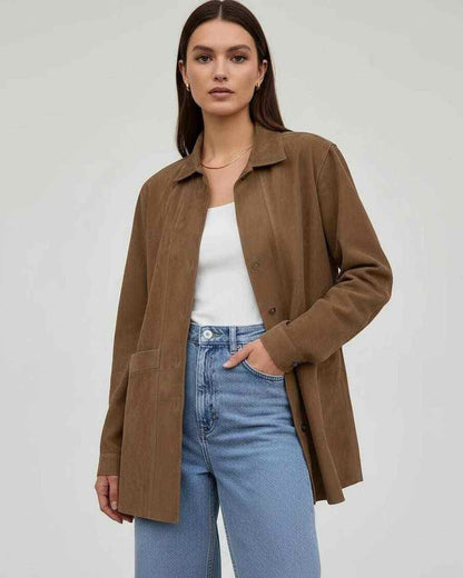 Lola Jacket by RAMBLION, brown oversized style, soft polyester fabric, perfect for casual all-season layering.