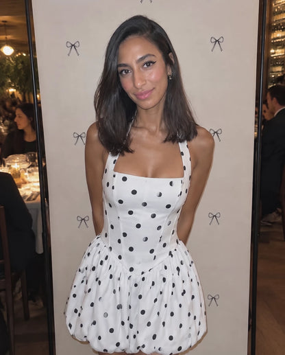 Loranthe Mini Dresses — White Polka Dot | SKU: RB-a722e3-whitep4c-XS,RB-a722e3-whitep4c-S,RB-a722e3-whitep4c-M,RB-a722e3-whitep4c-L