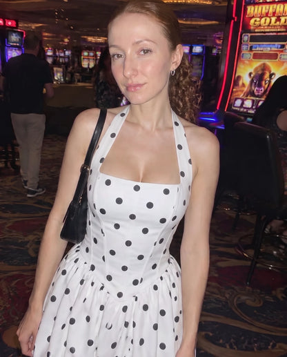 Loranthe Mini Dresses — White Polka Dot | SKU: RB-a722e3-whitep4c-XS,RB-a722e3-whitep4c-S,RB-a722e3-whitep4c-M,RB-a722e3-whitep4c-L