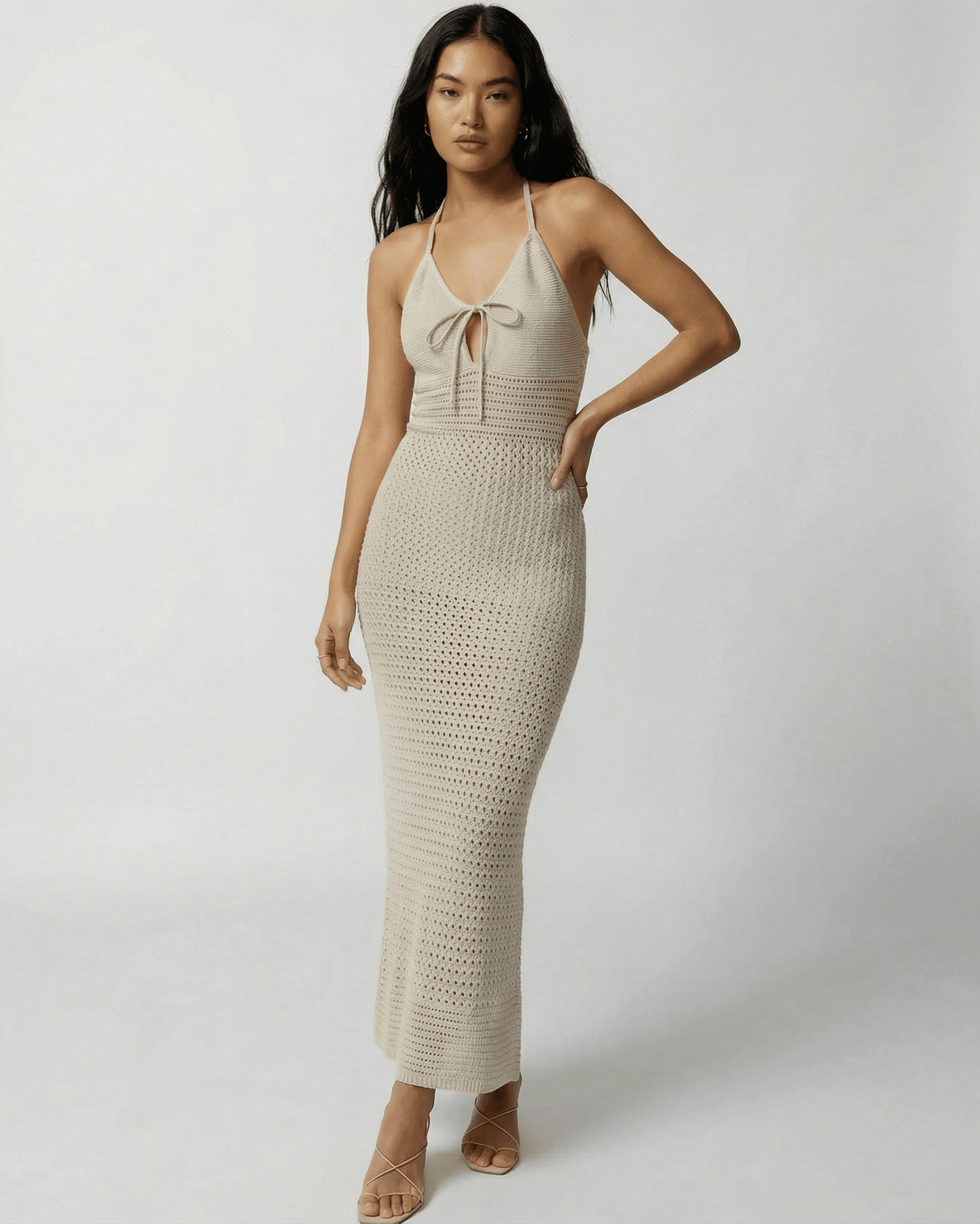 Lova Maxi Dress by RAMBLION, elegant halter-neck beige ankle-length dress, perfect for warm weather occasions.