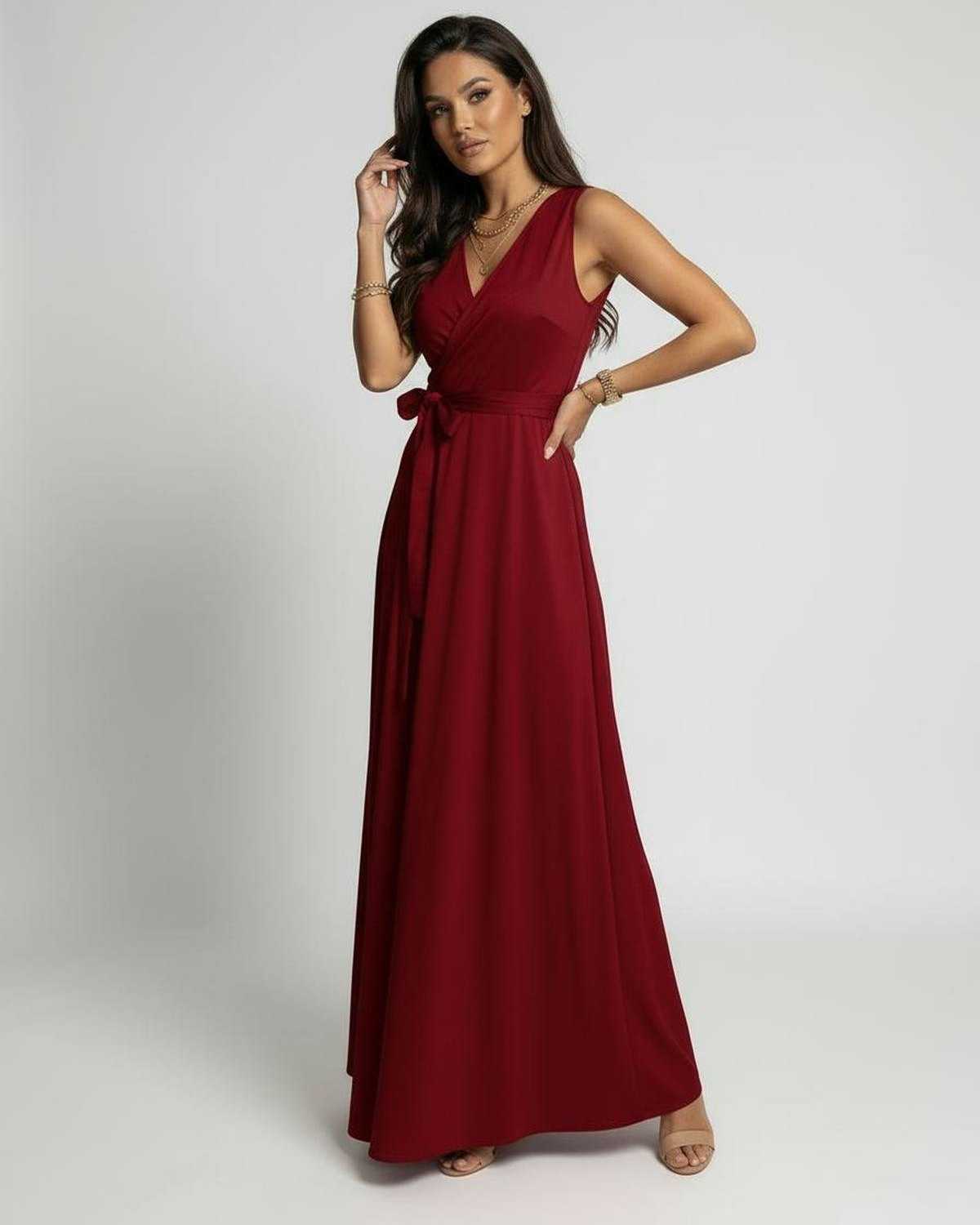 Loya Maxi Dress in vibrant red, V-neck, elegant style perfect for special occasions by RAMBLION.