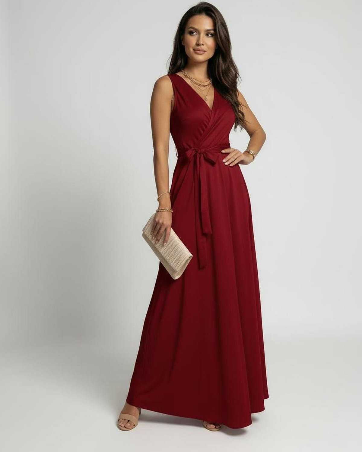 Loya Maxi Dress in vibrant red, V-neck design, elegant fit, perfect for special occasions, by RAMBLION.