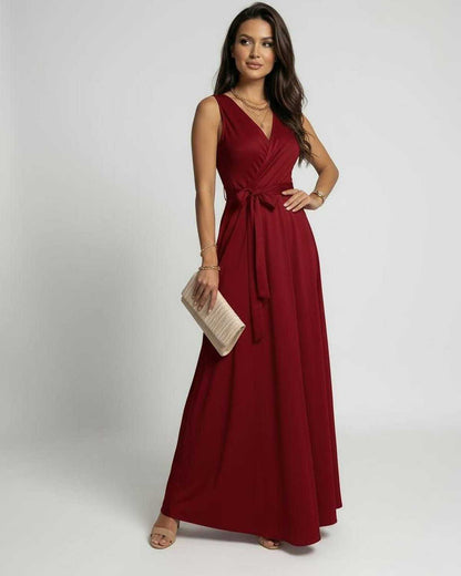 Loya Maxi Dress in vibrant red, V-neck design, elegant fit, perfect for special occasions, by RAMBLION.