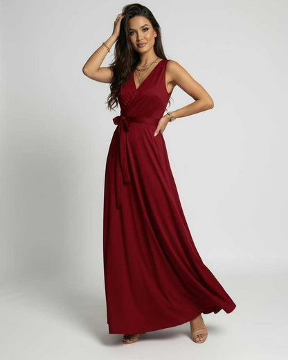 Loya Maxi Dress by RAMBLION in vibrant red, satin fabric, V-neck design, elegant and perfect for special occasions.