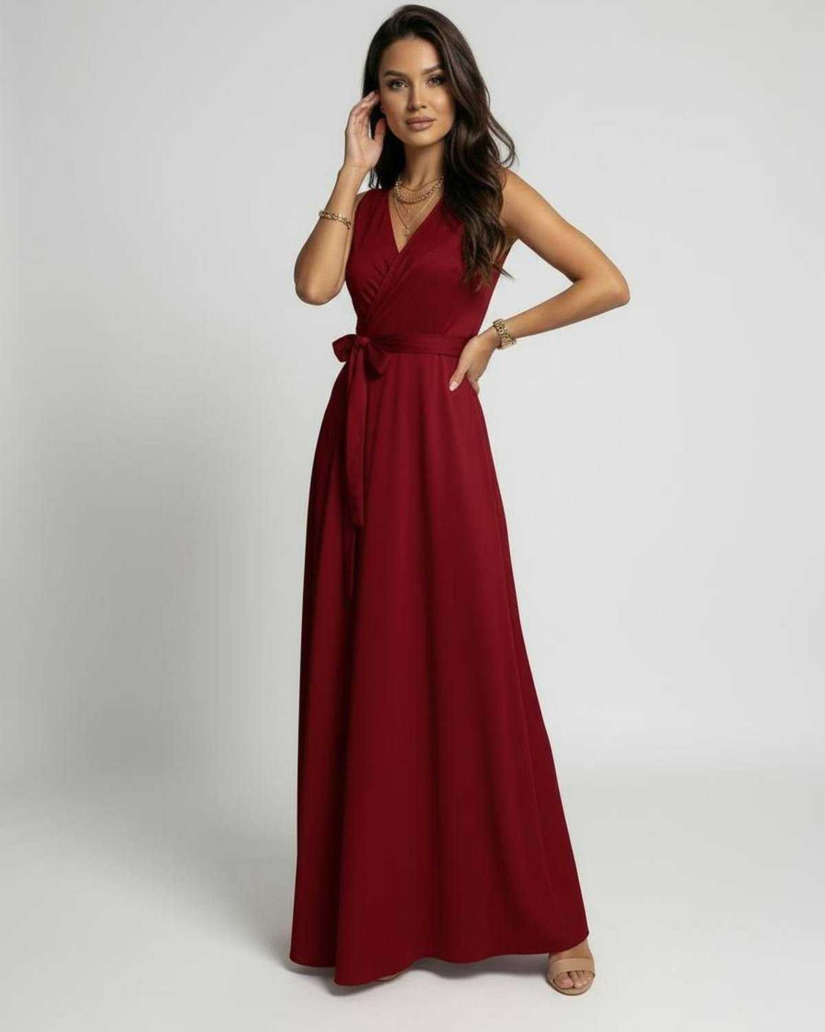 Stylish Loya Maxi Dress in vibrant red, showcasing a V-neck and elegant flow, perfect for special occasions by RAMBLION.