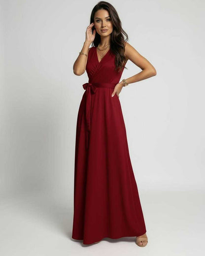 Stylish Loya Maxi Dress in vibrant red, showcasing a V-neck and elegant flow, perfect for special occasions by RAMBLION.