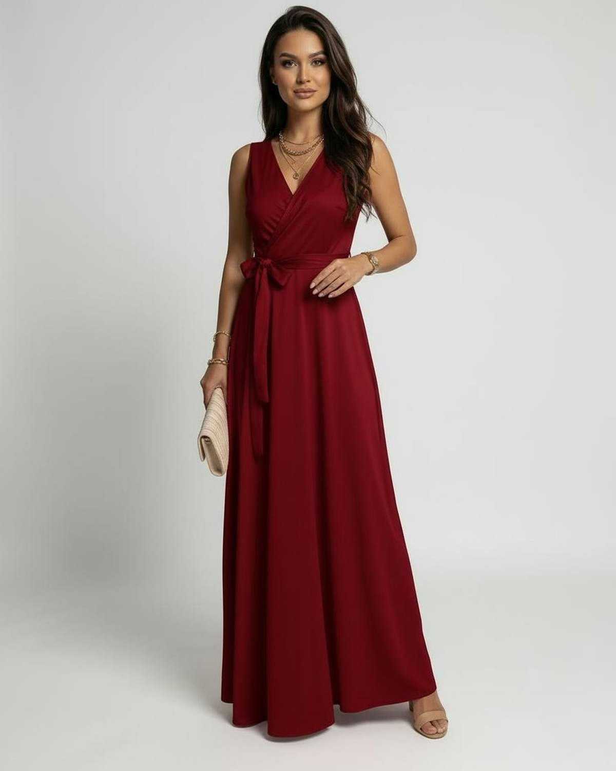 Loya Maxi Dress by RAMBLION, red ankle-length V-neck dress, perfect for elegant occasions.