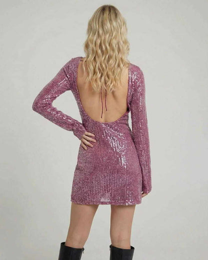 Luce Mini Dress by RAMBLION, pink sequined backless mini dress, perfect for vibrant outings and special occasions.