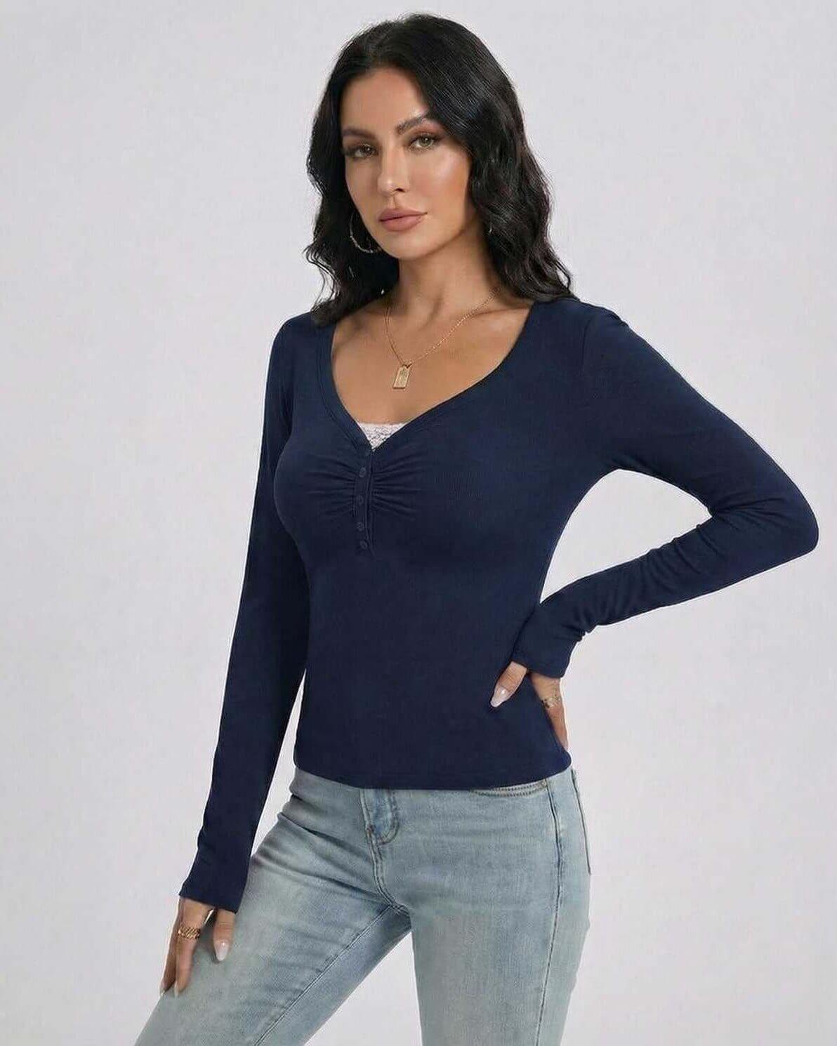 Luce Pullover - Blue long sleeve V-neck top by RAMBLION, features soft fabric, perfect for casual outings.