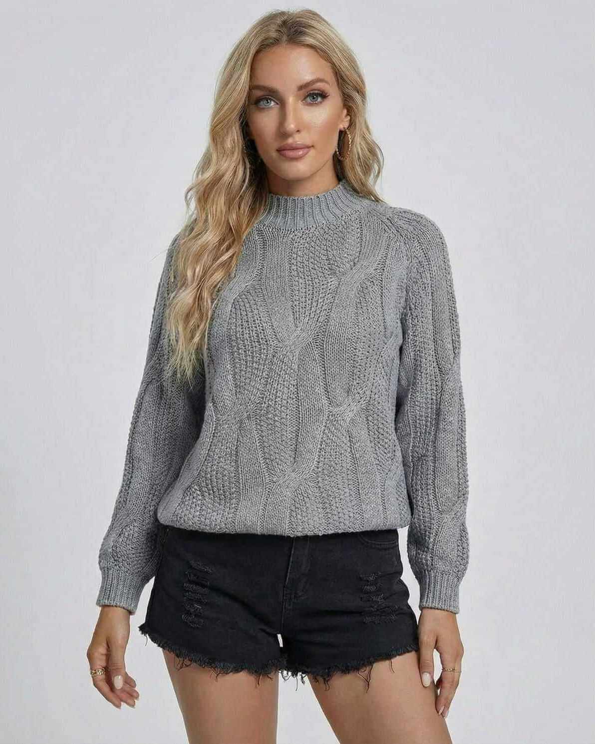 Luce Sweater by RAMBLION, soft grey cable-knit, cozy elegance, ideal for cool days, perfect for fall and winter.