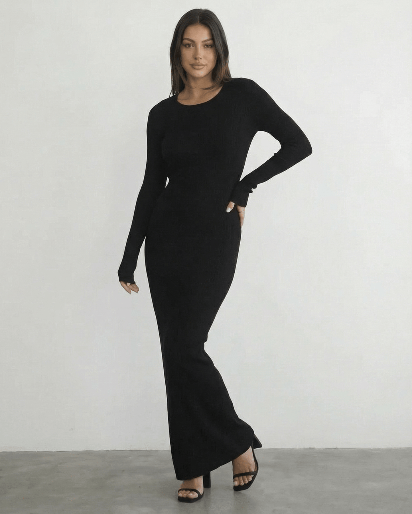 Luma Maxi Dress, black ankle-length, round neck, sleek silhouette for elegant occasions by RAMBLION.